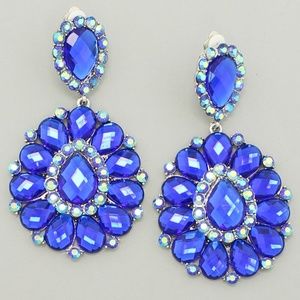 Large Royal Blue Crystal Rhinestone Wedding Pageant Prom Formal Clip-On Earrings